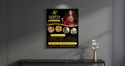 Beauty parlour poster design showcasing bridal and salon services in a black and gold elegant layout