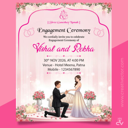 Elegant Engagement Ceremony Invitation Card PSD | Pink Floral Theme | Editable Photoshop Template
