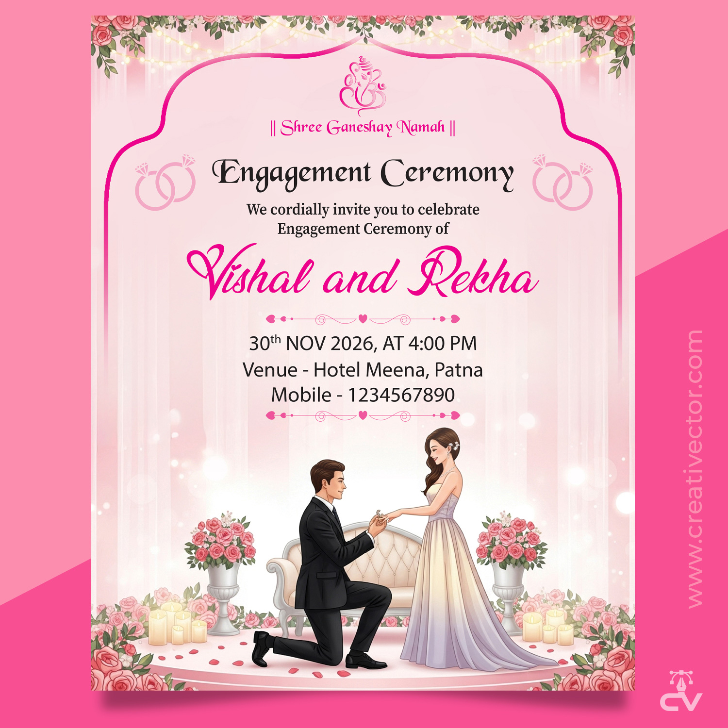 Elegant Engagement Ceremony Invitation Card PSD | Pink Floral Theme | Editable Photoshop Template Elegant Engagement Ceremony Invitation Card PSD | Pink Floral Theme | Editable Photoshop Template