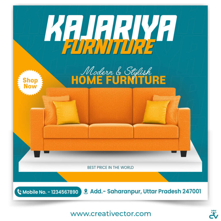 Modern Home Furniture Banner Design PSD Template with Orange Sofa and Stylish Layout for Furniture Shop Promotion
