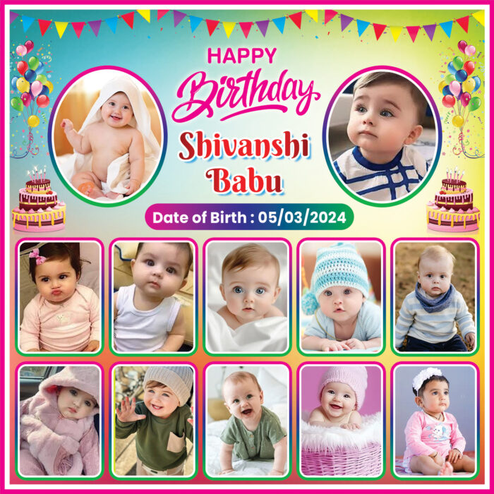Baby birthday poster PSD design with happy birthday banner layout, photo collage style, and colorful birthday decoration elements