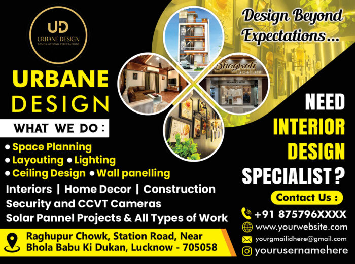 Interior design banner PSD template for interior designers, architects, home decor, and construction service promotion