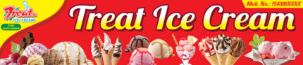 Ice cream parlour board PSD banner design showing colorful ice cream scoops, cones, and dessert items for shop front display