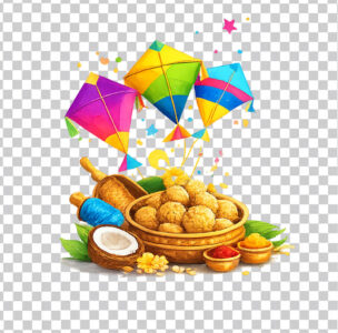 Makar Sankranti PNG with colorful kites and tilgul sweets on transparent background