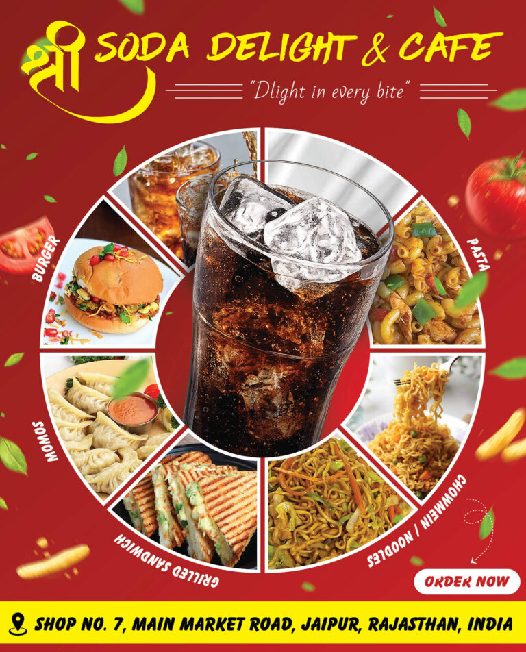 Soda drink center cafe food menu banner PSD with circular layout and fast food items
