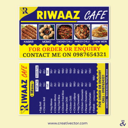 Restaurant & Cafe Visiting Card Design | Fast Food Menu Business Card Blue Yellow