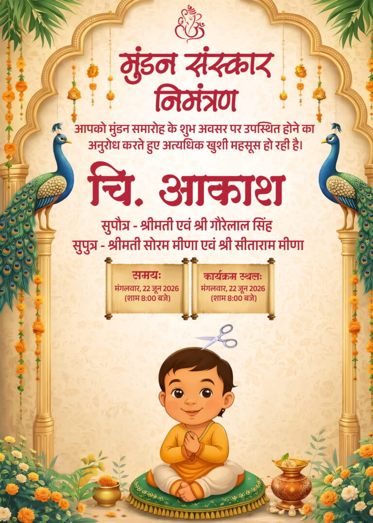 mundan sanskar invitation card psd with temple arch marigold garland peacock baby illustration hindi hair ceremony invite template editable design