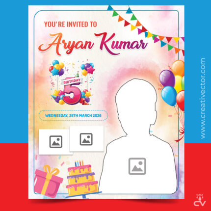 Kids Birthday Invitation Card PSD Design Template with Photo | Happy 5th Birthday Party Poster Design