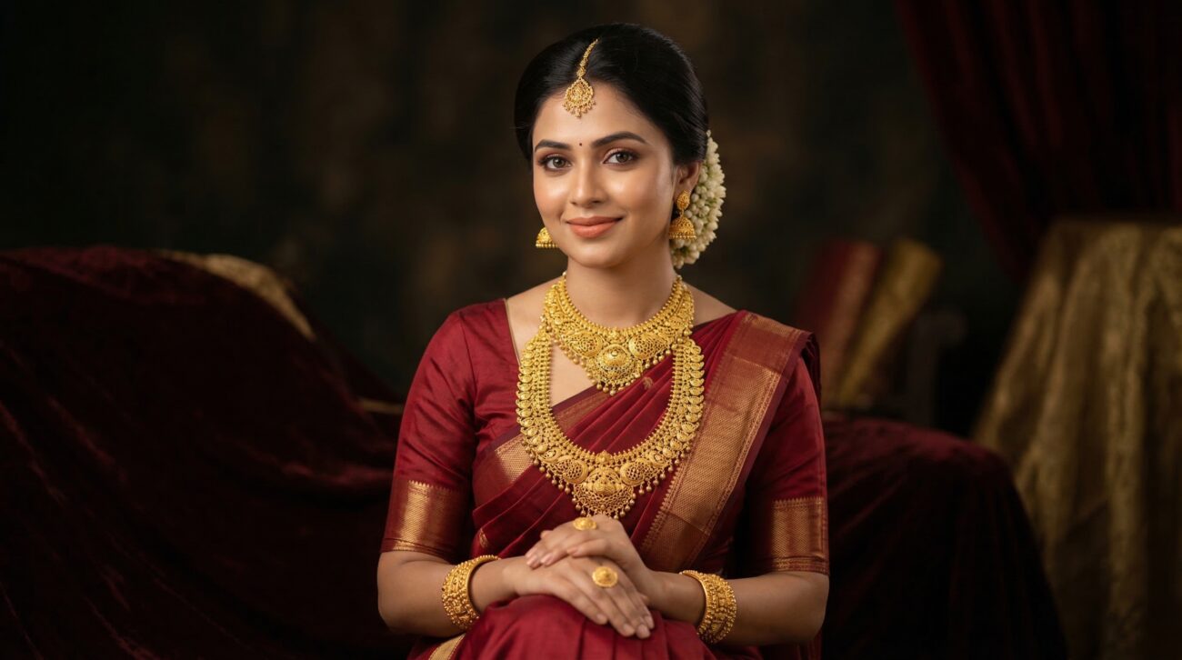bridal gold necklace and jhumka earrings model photo