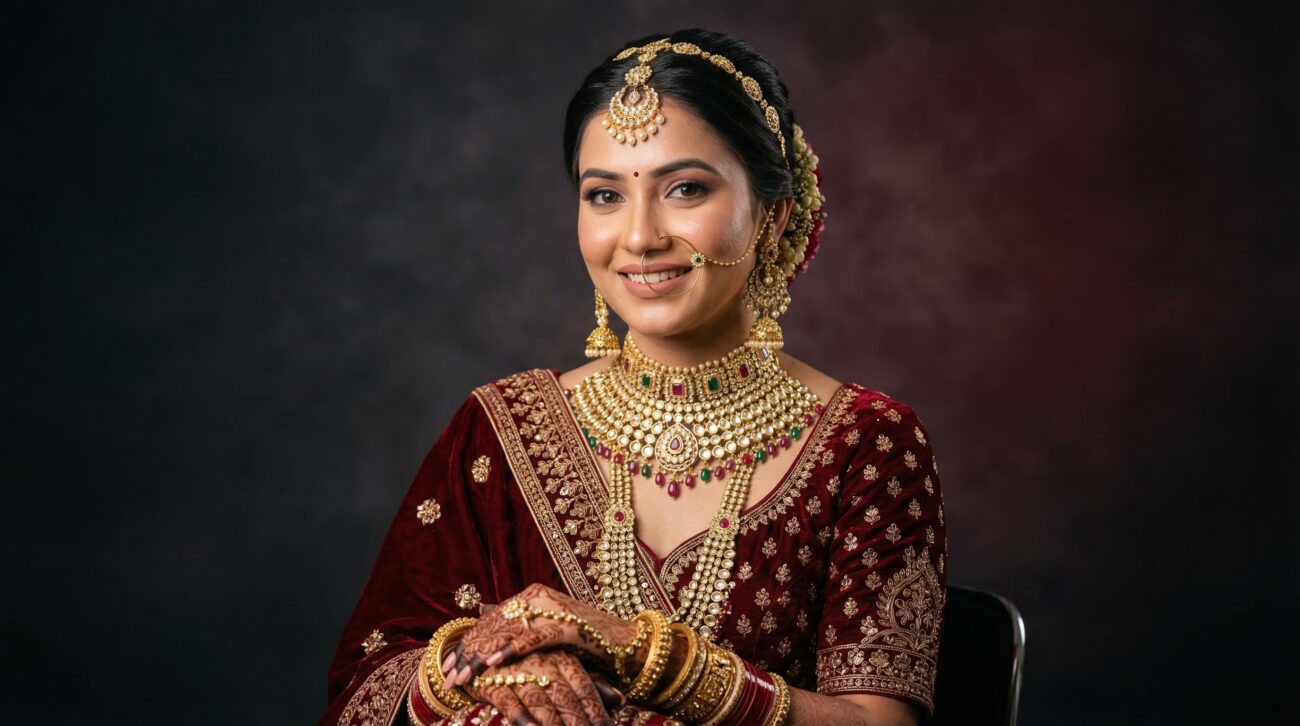 gold jewelry bridal model with layered necklace and saree