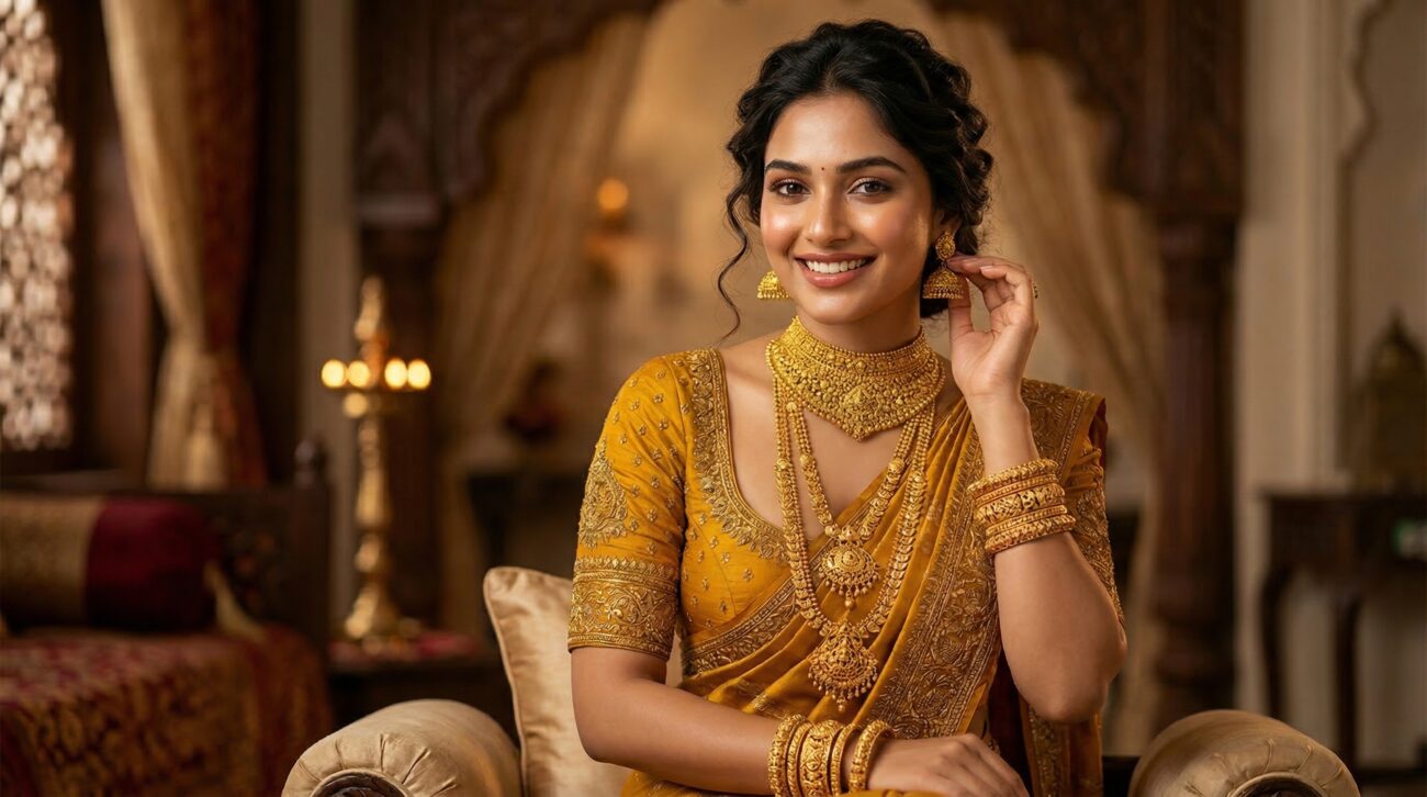 gold jewelry marketing design indian bride realistic image