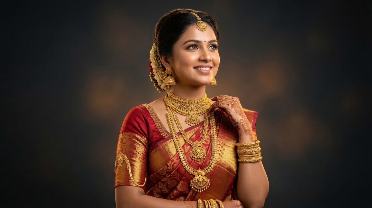 gold necklace poster design model indian wedding look