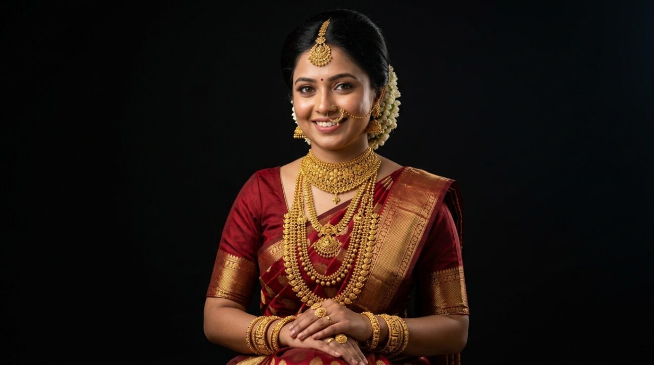 heavy gold necklace bridal set model close up image