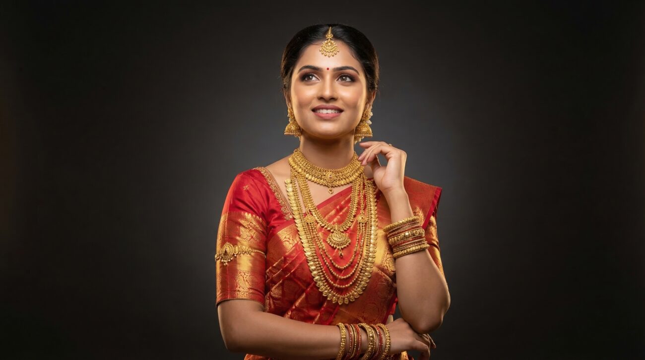 indian bride portrait with pure gold necklace and earrings