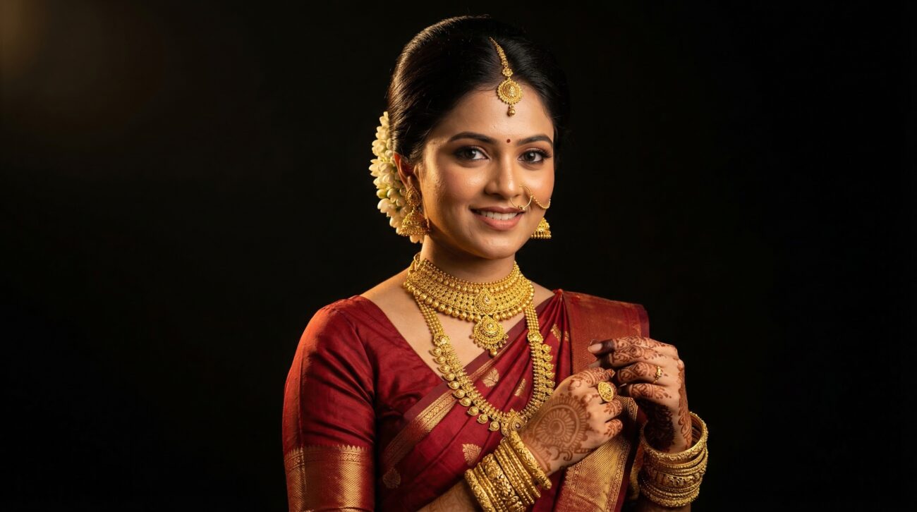 indian bride wearing gold choker and long haar jewelry
