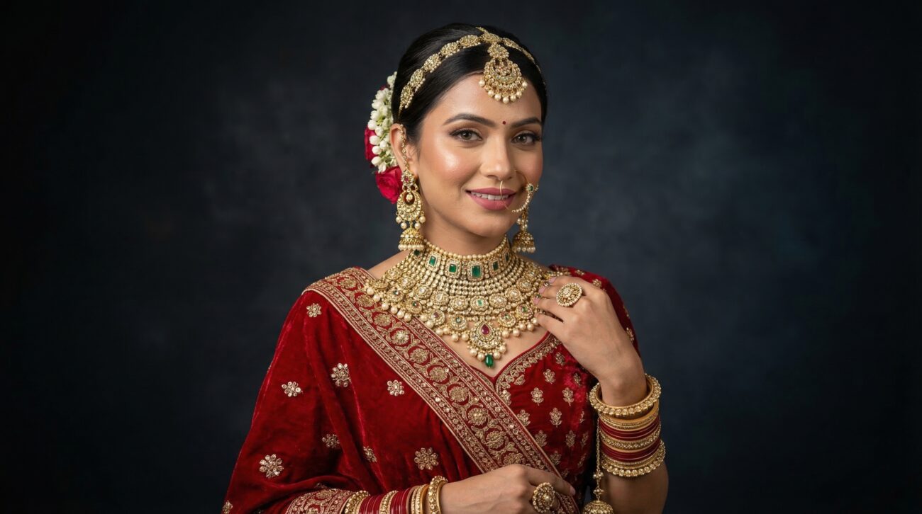 indian bride wearing pure gold bridal necklace set image
