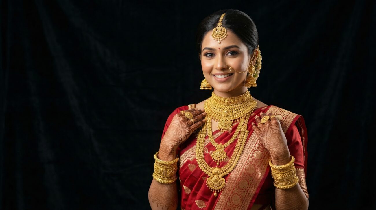 indian wedding gold jewelry model with silk saree image