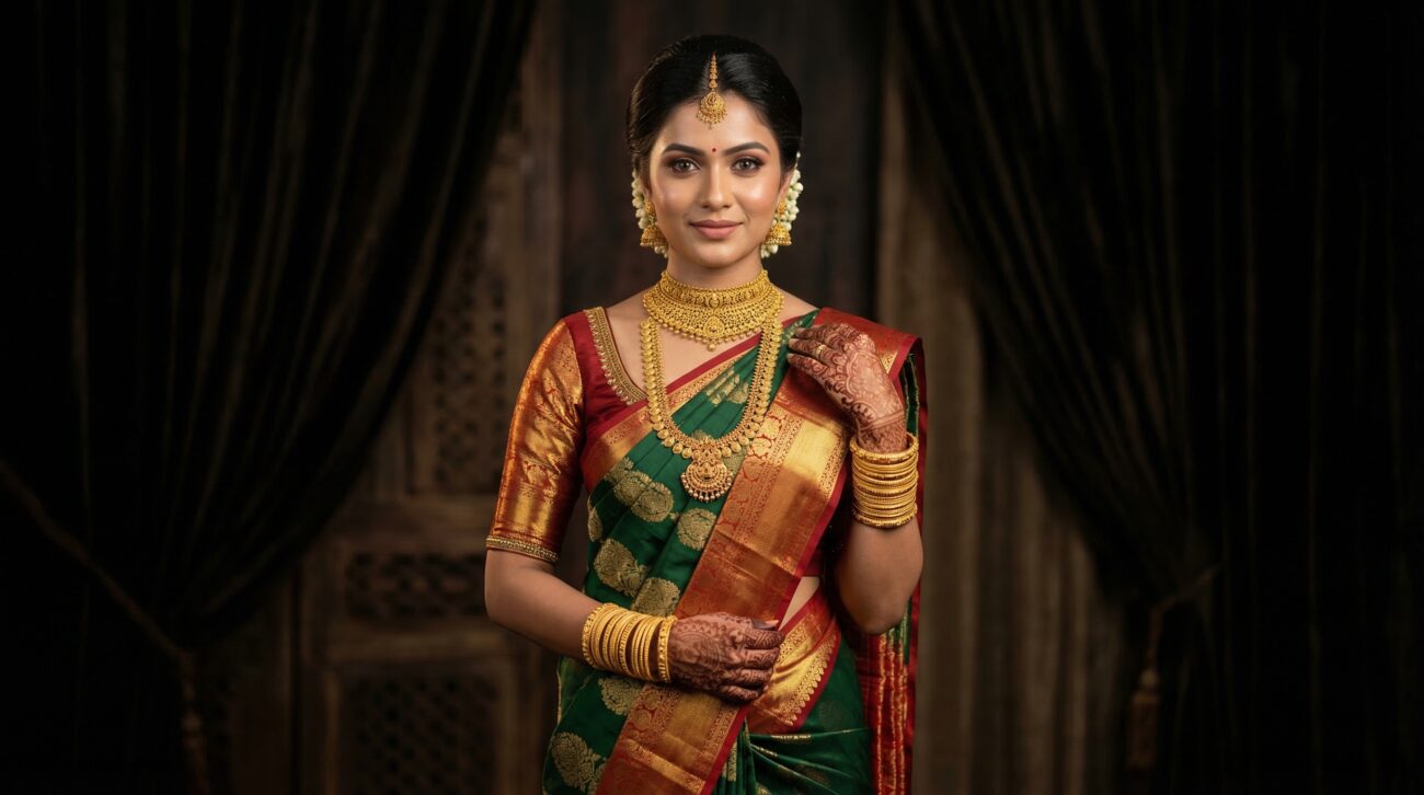 indian wedding jewelry model with layered gold necklaces