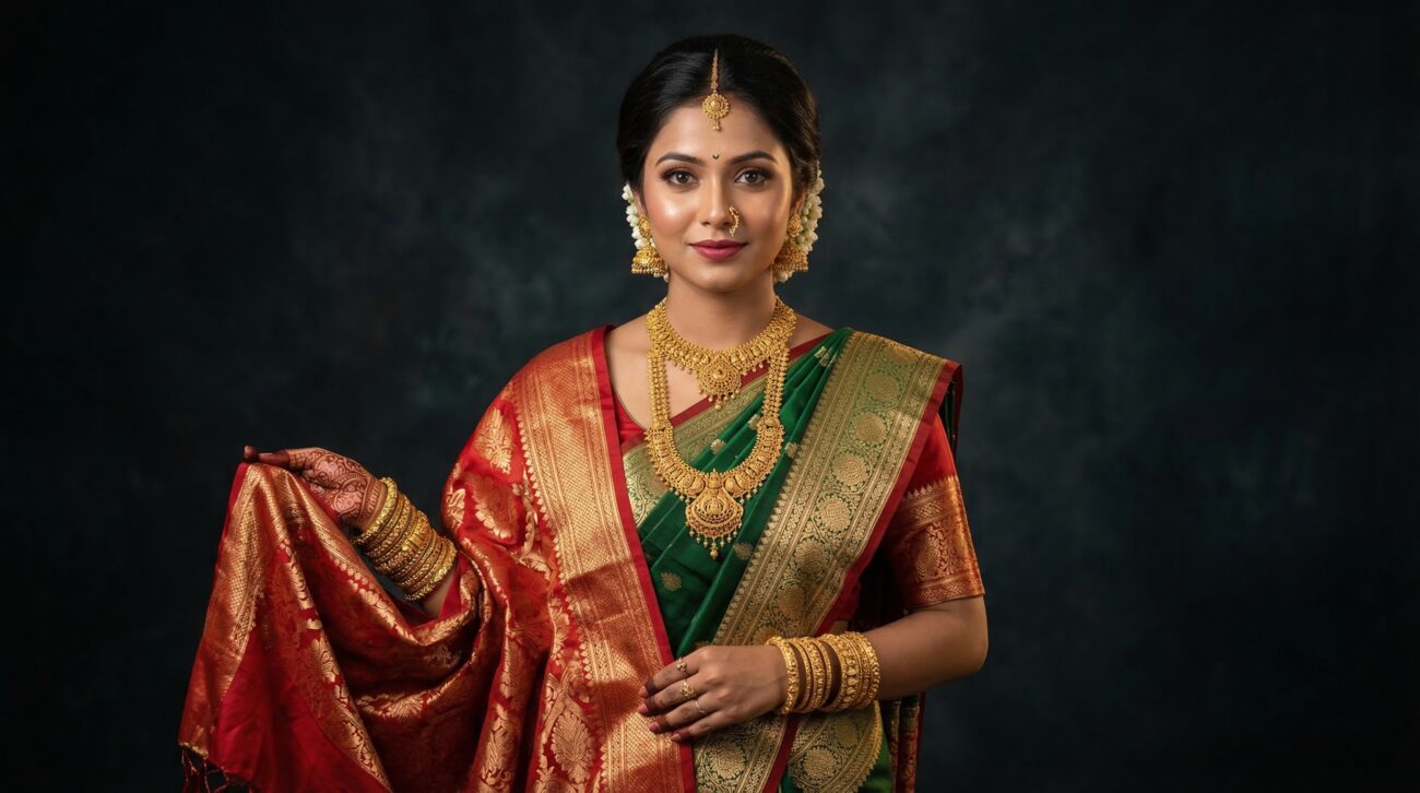 traditional saree with gold jewelry model advertising image